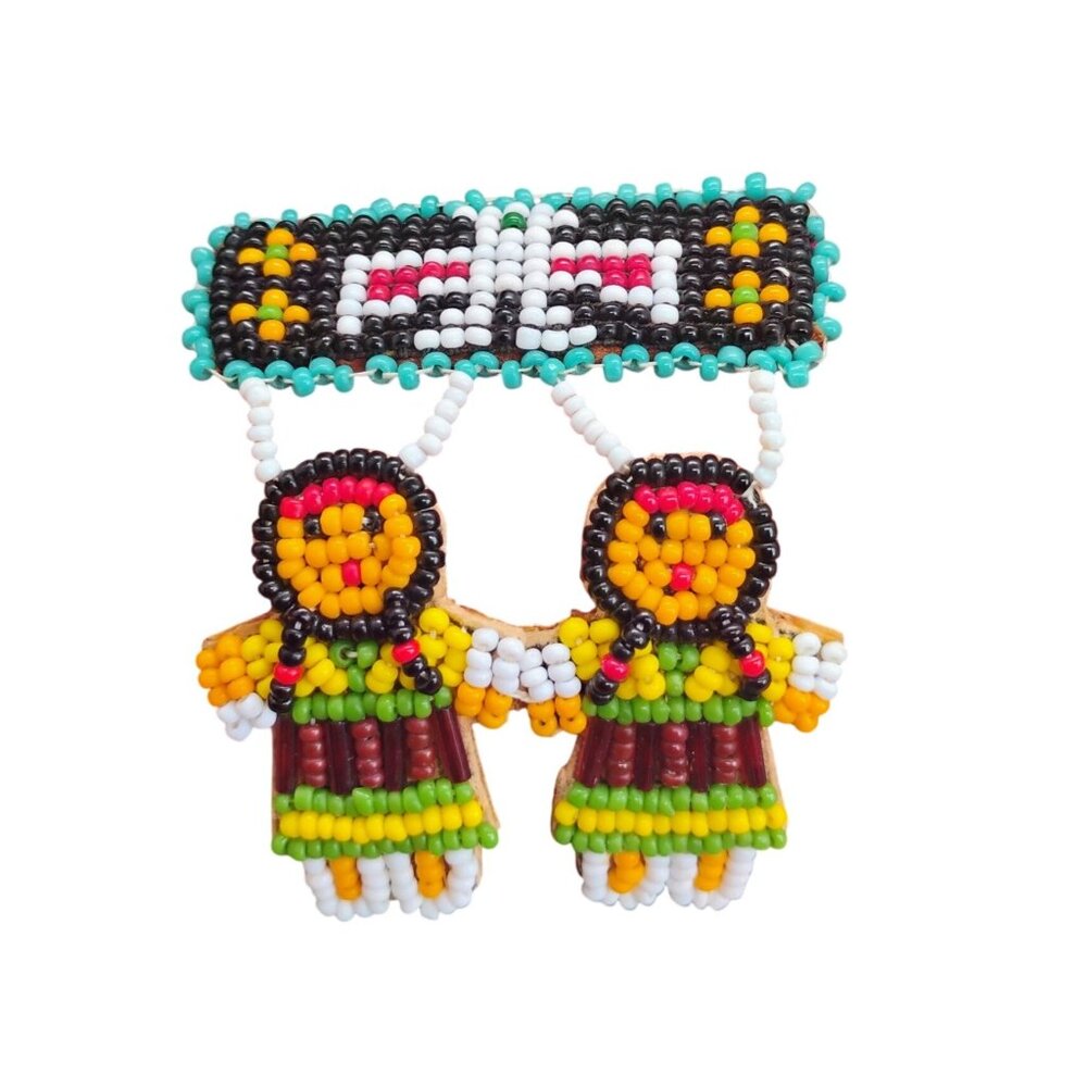 Native Made Seed Bead Brooch Pin Thunderbird w/Children or Maidens - READ